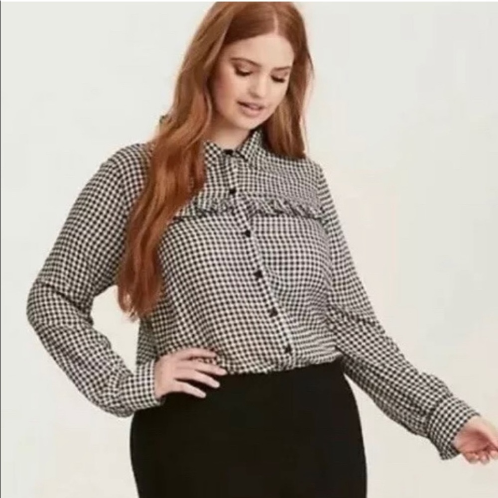 Torrid Gingham Check Ruffle Trim Button Down Top - image 6